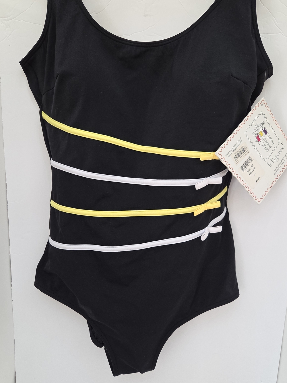 Black Tummy Thinner One-Piece Swimsuit Sz 14 with Yellow & White Trim